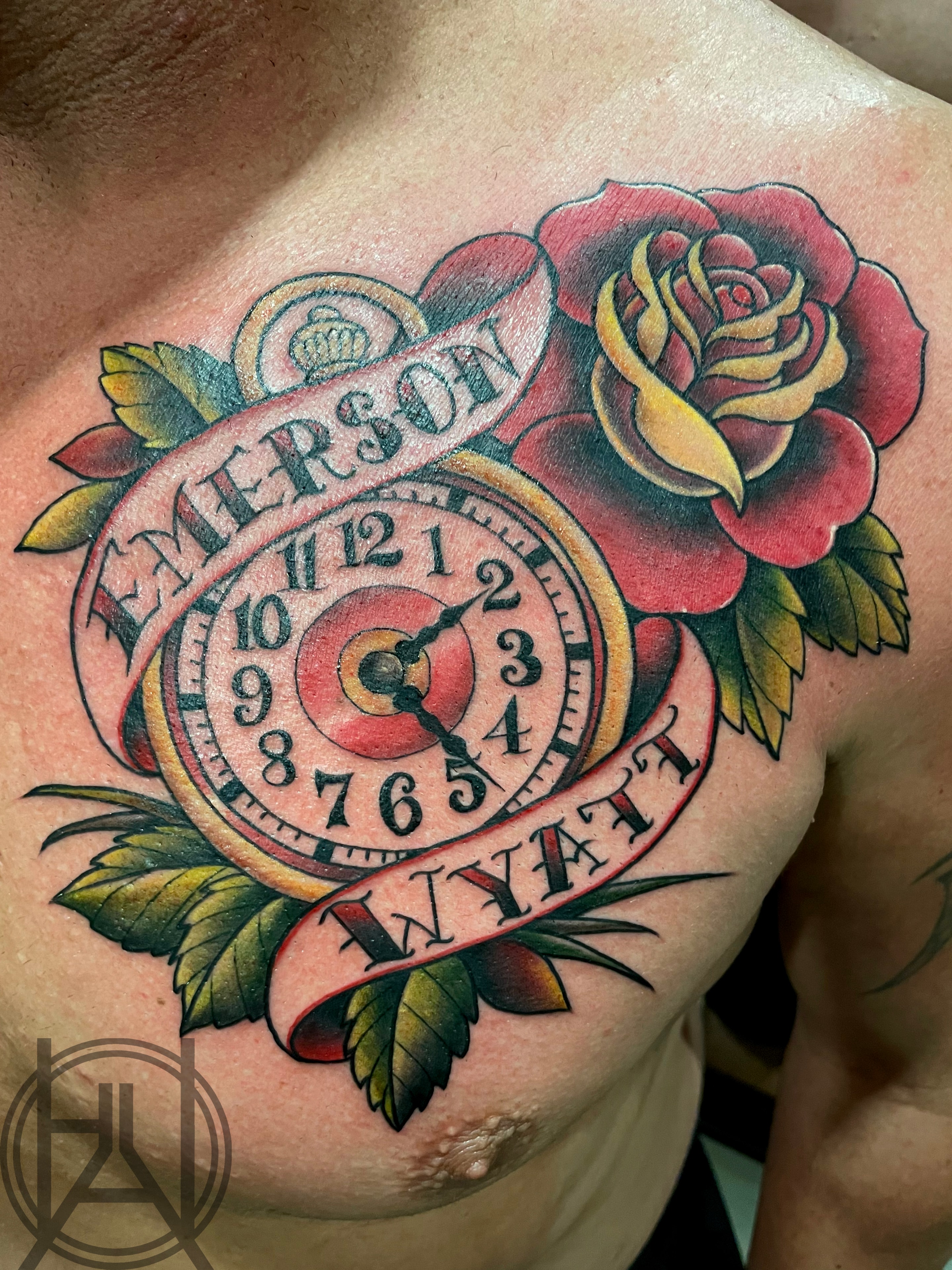 Pocket watch with Emerson and Wyatt banners and red rose — color chest