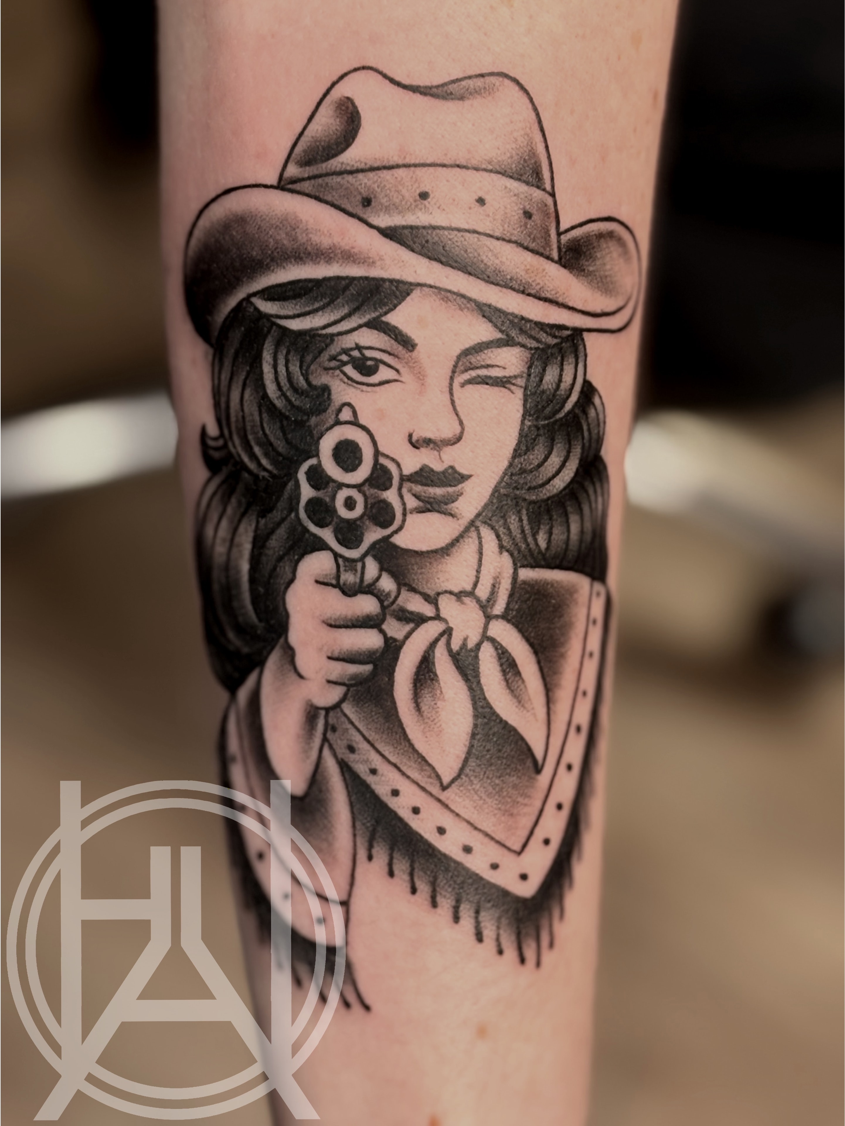 Cowgirl with revolver — black and grey traditional