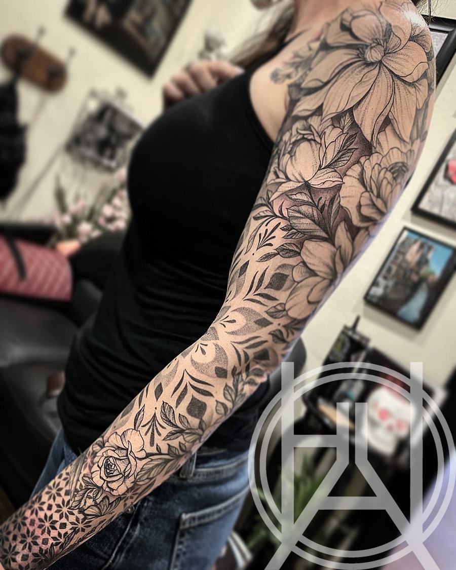 Full floral dot work sleeve with roses and botanicals