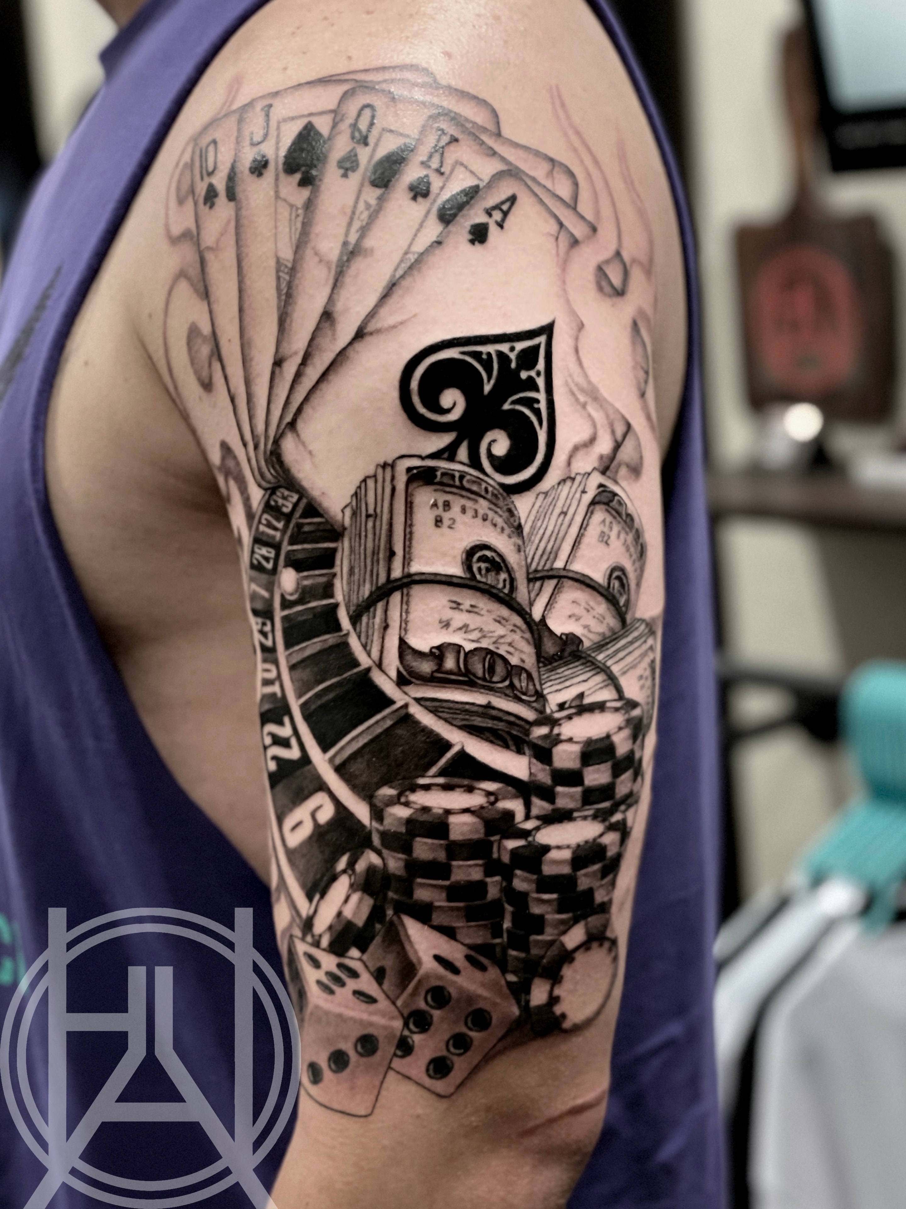 Gambling themed sleeve — cards, chips, roulette wheel — black and grey