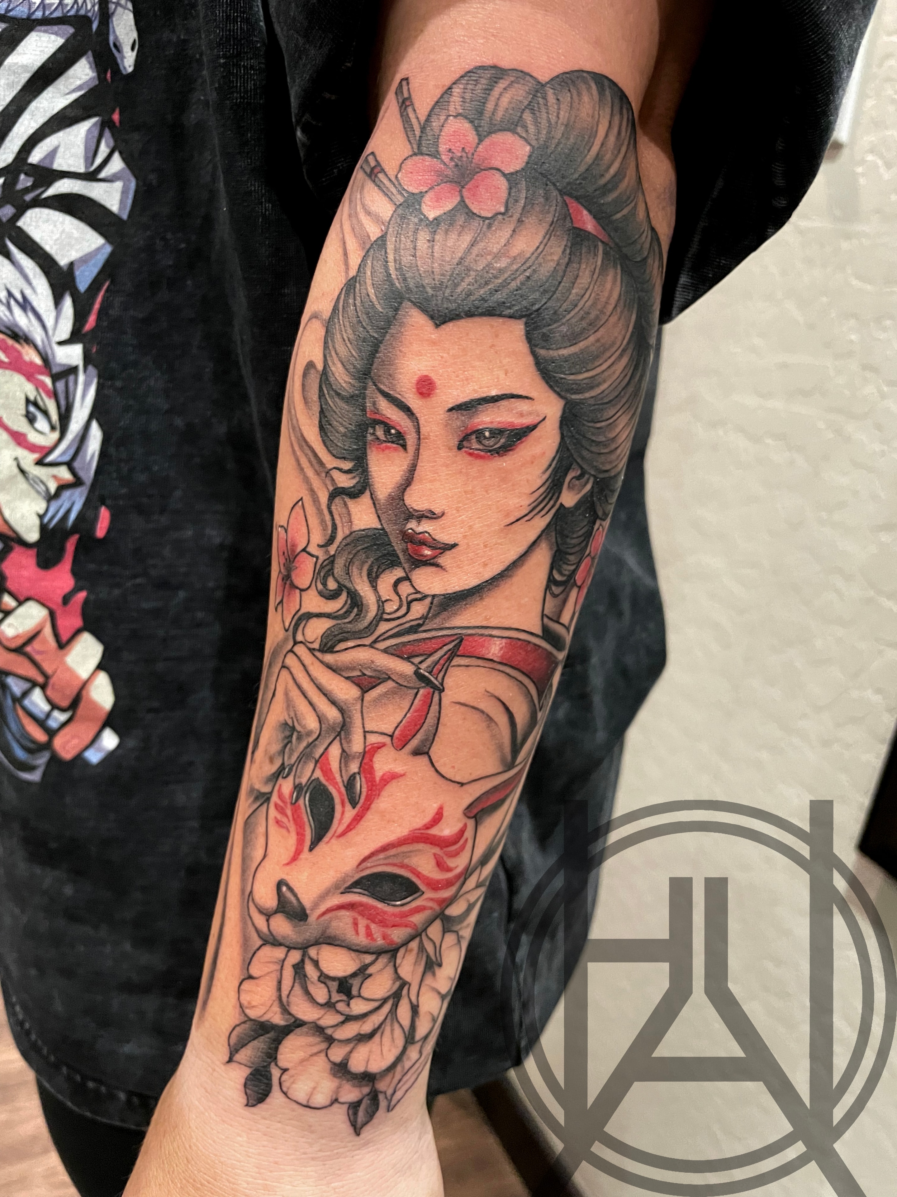 Geisha holding kitsune fox mask with peonies — color and black grey forearm