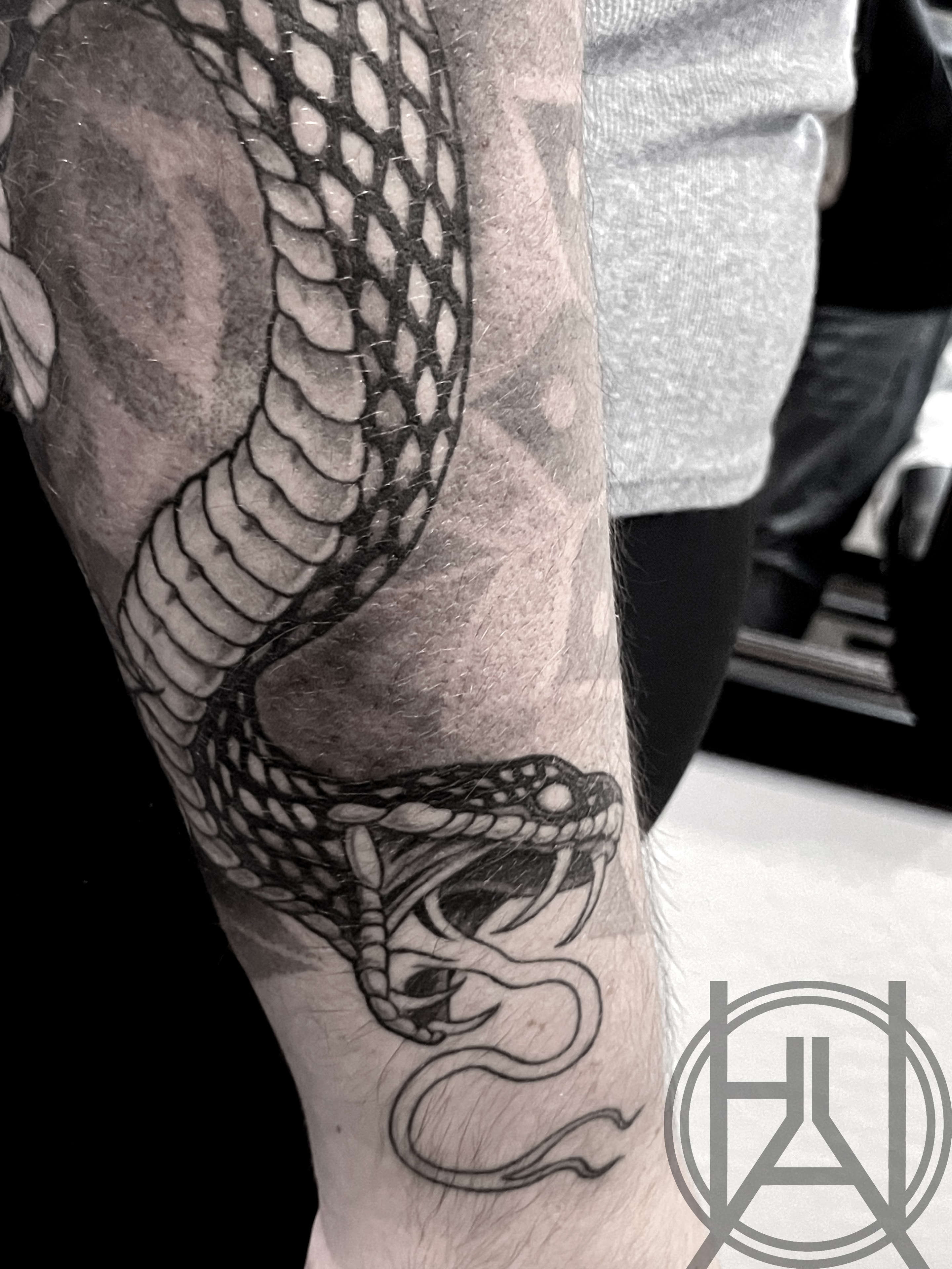 Coiled serpent — dot work forearm