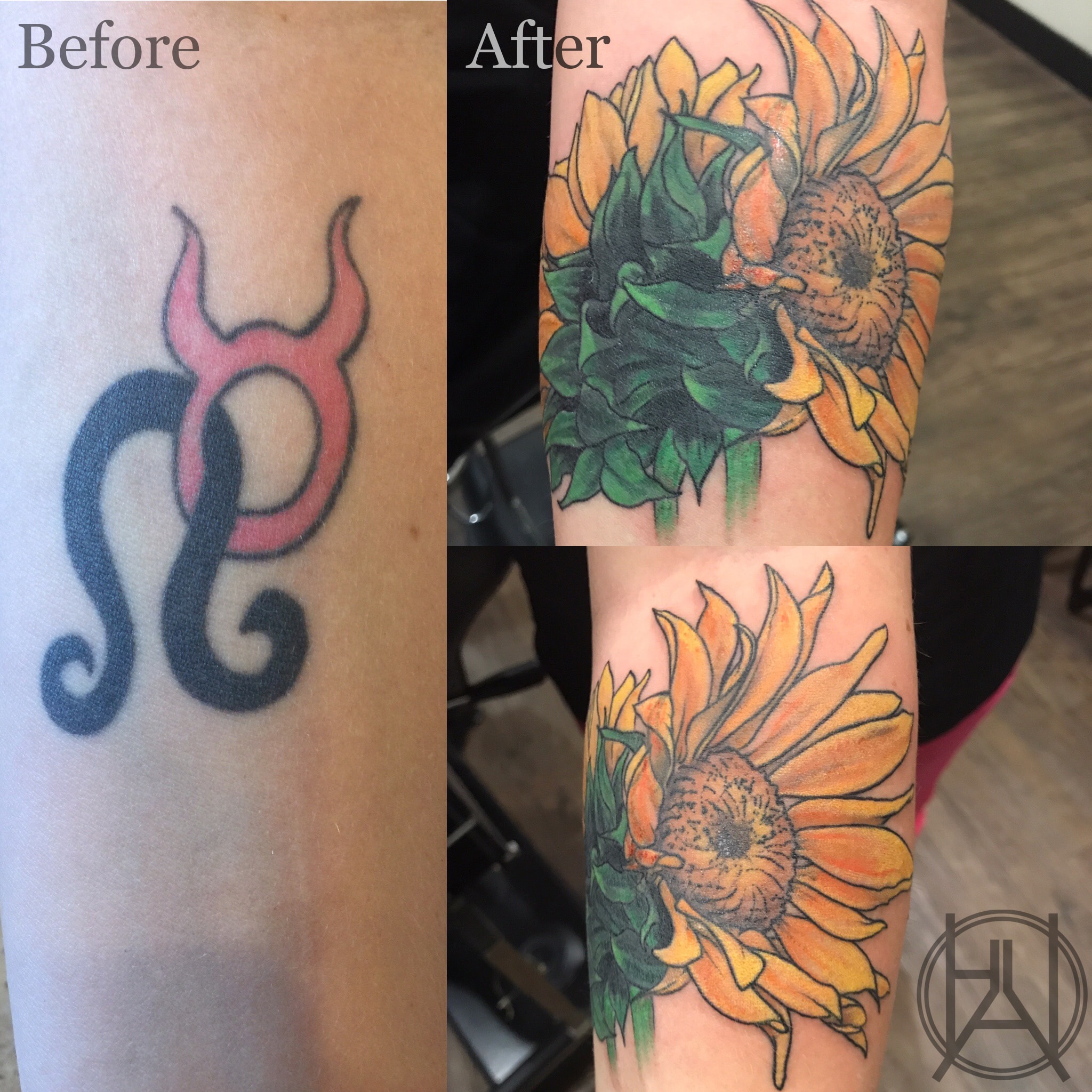 Before & after: zodiac symbol covered with vibrant sunflowers — color forearm cover-up