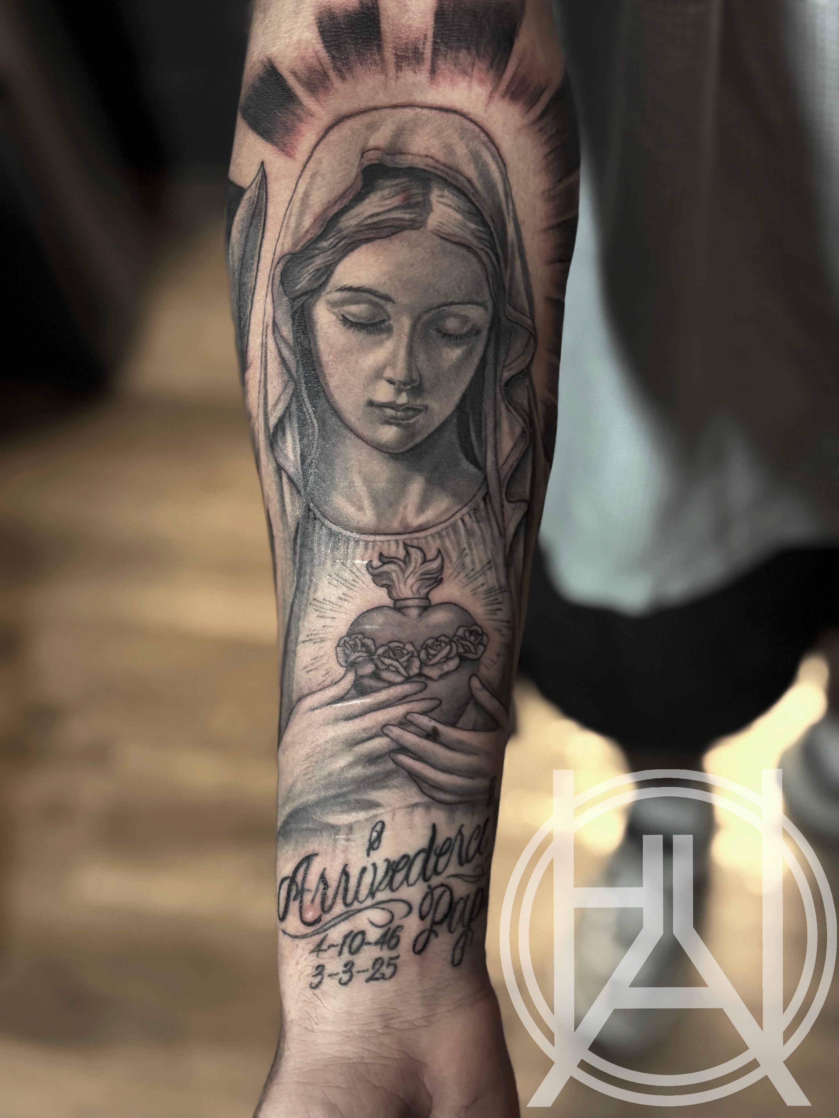 Virgin Mary with sacred heart — black and grey forearm sleeve
