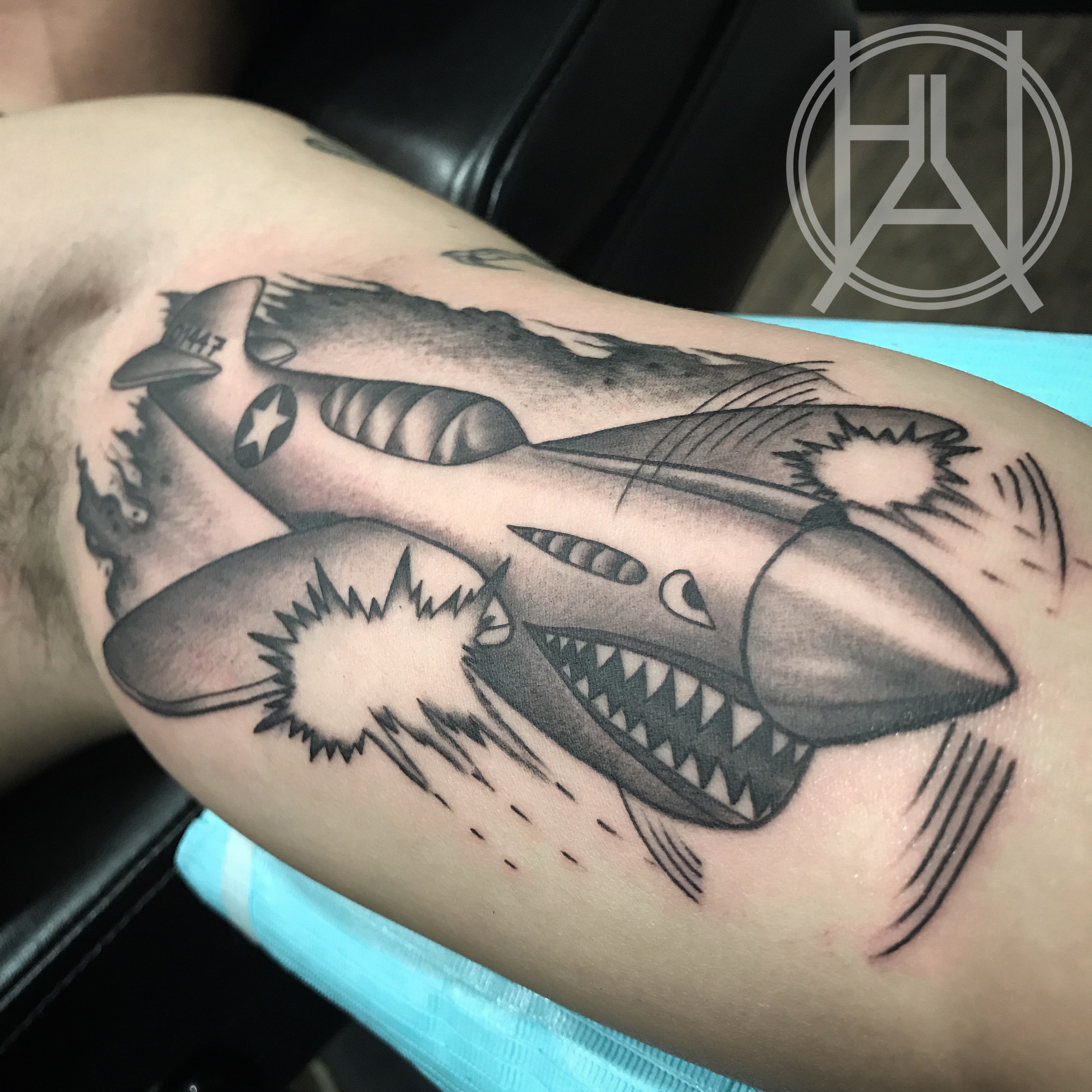 P-40 Warhawk fighter plane with shark mouth — black and grey